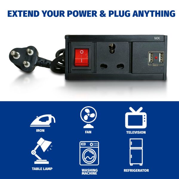 MX Single Outlet Power Distribution Unit: 1800W, 6/16A Socket, 2 USB A Port 5V/2400 MAh, 16A Switch to 6A Plug, 1.5m Power Cord, Child Safety Shutter, Flame Retardant Metal Body.