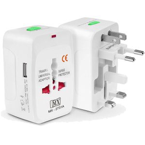 MX Universal Travel Adaptor with Build in USB Charger Port with 250V, Surge/Spike Protected Electrical Plug White (Pack of 2)