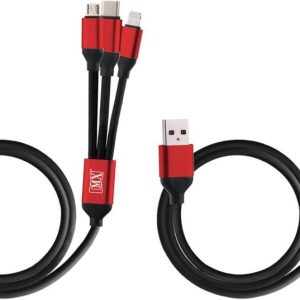 MX USB-A Male to Micro USB, USB Type-C, and 8-Pin Lightning Male 3-in-1 Cord with Metal Shell - 1 Meter (Pack of 2).