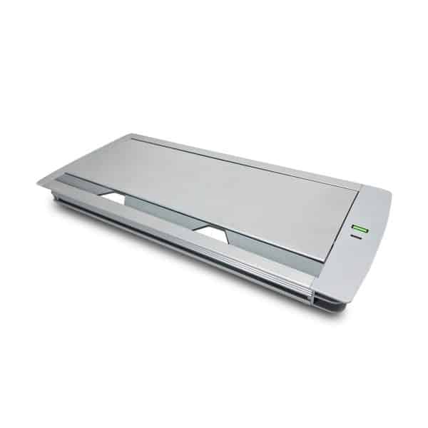 MX Aluminum Alloy Access Flap with Gasket: Your Ultimate Desk Organizer for Effortless Cable Management and Workspace Tidiness, Featuring Additional 1 USB-A + C Ports (CUTOUT -330X132 MM) Mettalic Silver
