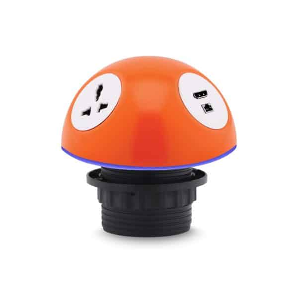 MX Pluto Grommet Power Hub With Bottom LED Glow: 2 Universal Sockets, 1 HDMI + 1 CAT6 Port (WITH LOCKING CLASP RING)