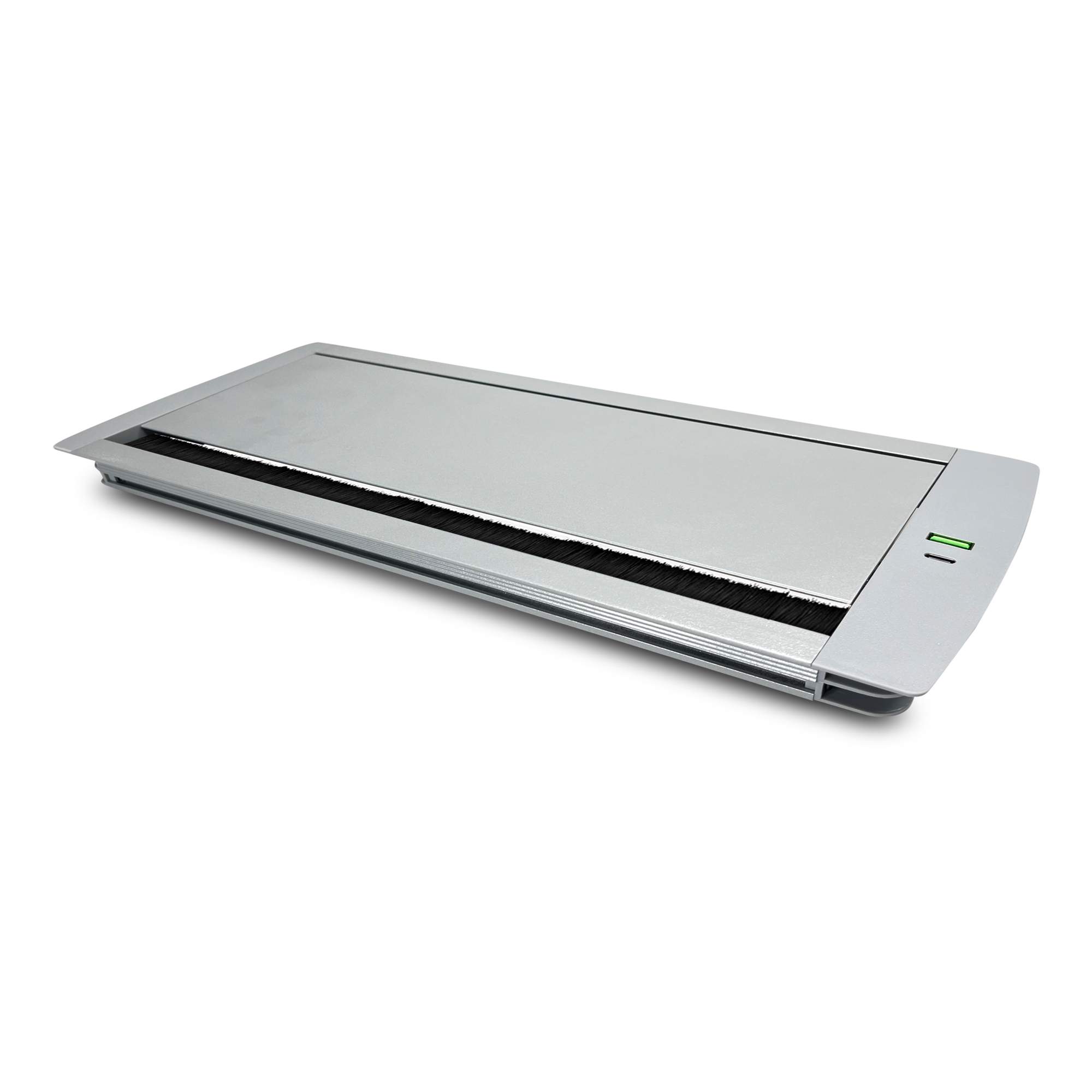 MX Aluminum Alloy Access Flap with Brush: Your Ultimate Desk Organizer for Effortless Cable Management and Workspace Tidiness, Featuring Additional 1 USB-A + C Ports (CUTOUT -466X132 MM) Metallic Silver