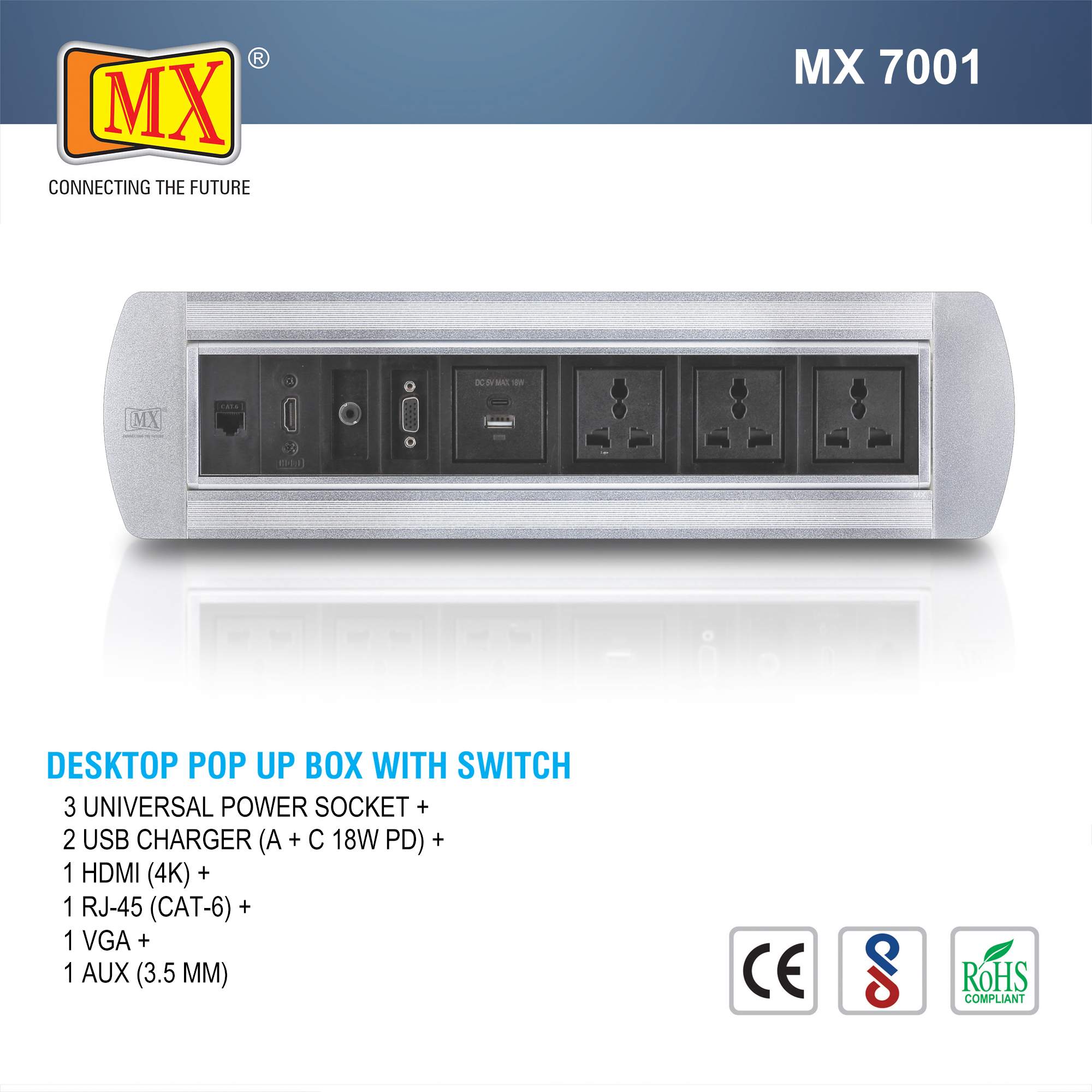 MX Manual Pop Up Box / Cable Cubby with 3 Universal Power Socket + 2 USB CHARGER (A + C 18W PD) + 1 HDMI (4K) + 1 RJ-45 (CAT-6) + 1 AUX (3.5MM) Cable Manager ( MX 7001 ) (SILVER) - Image 2