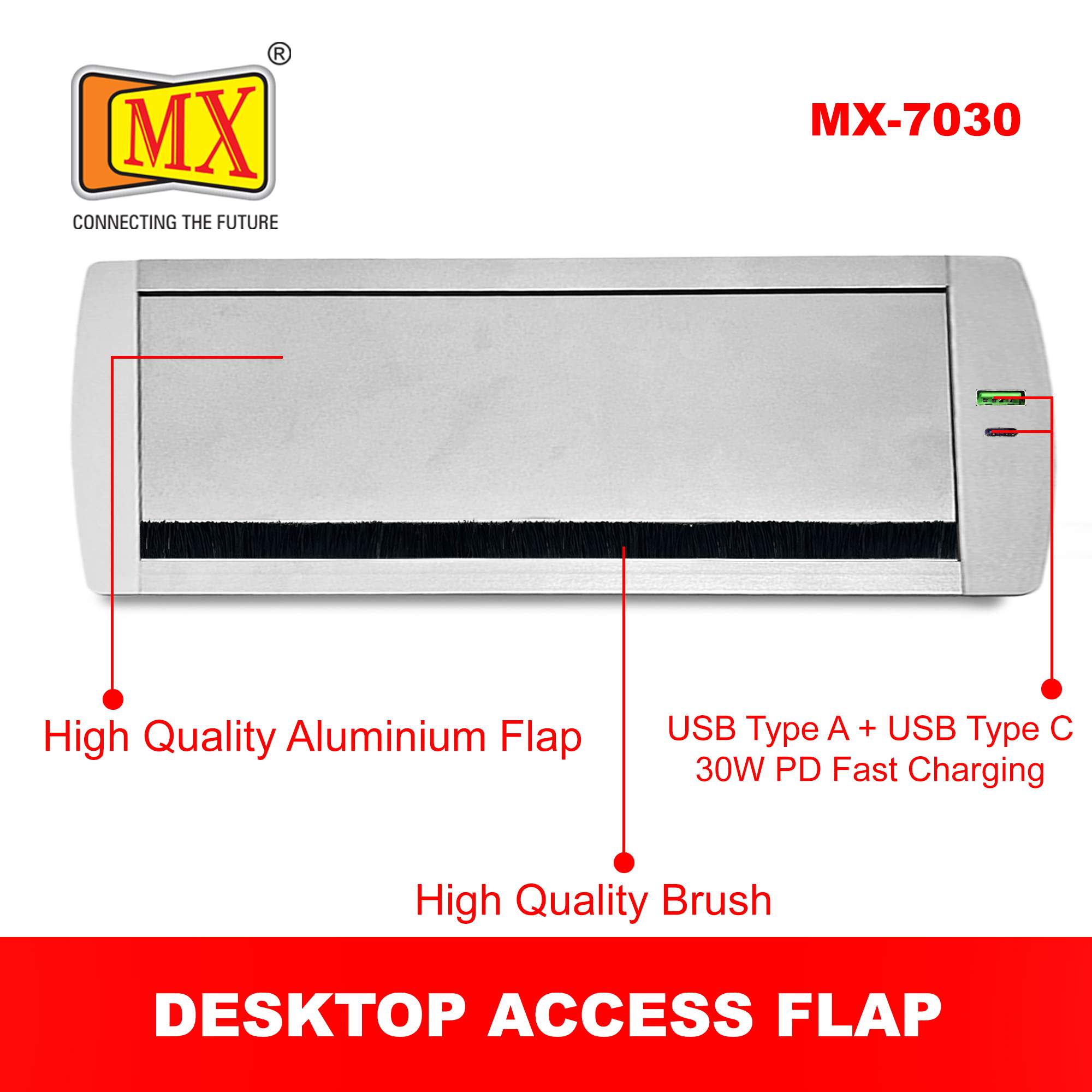 MX Aluminum Alloy Access Flap with Brush: Your Ultimate Desk Organizer for Effortless Cable Management and Workspace Tidiness, Featuring Additional 1 USB-A + C Ports (CUTOUT -466X132 MM) Metallic Silver - Image 7