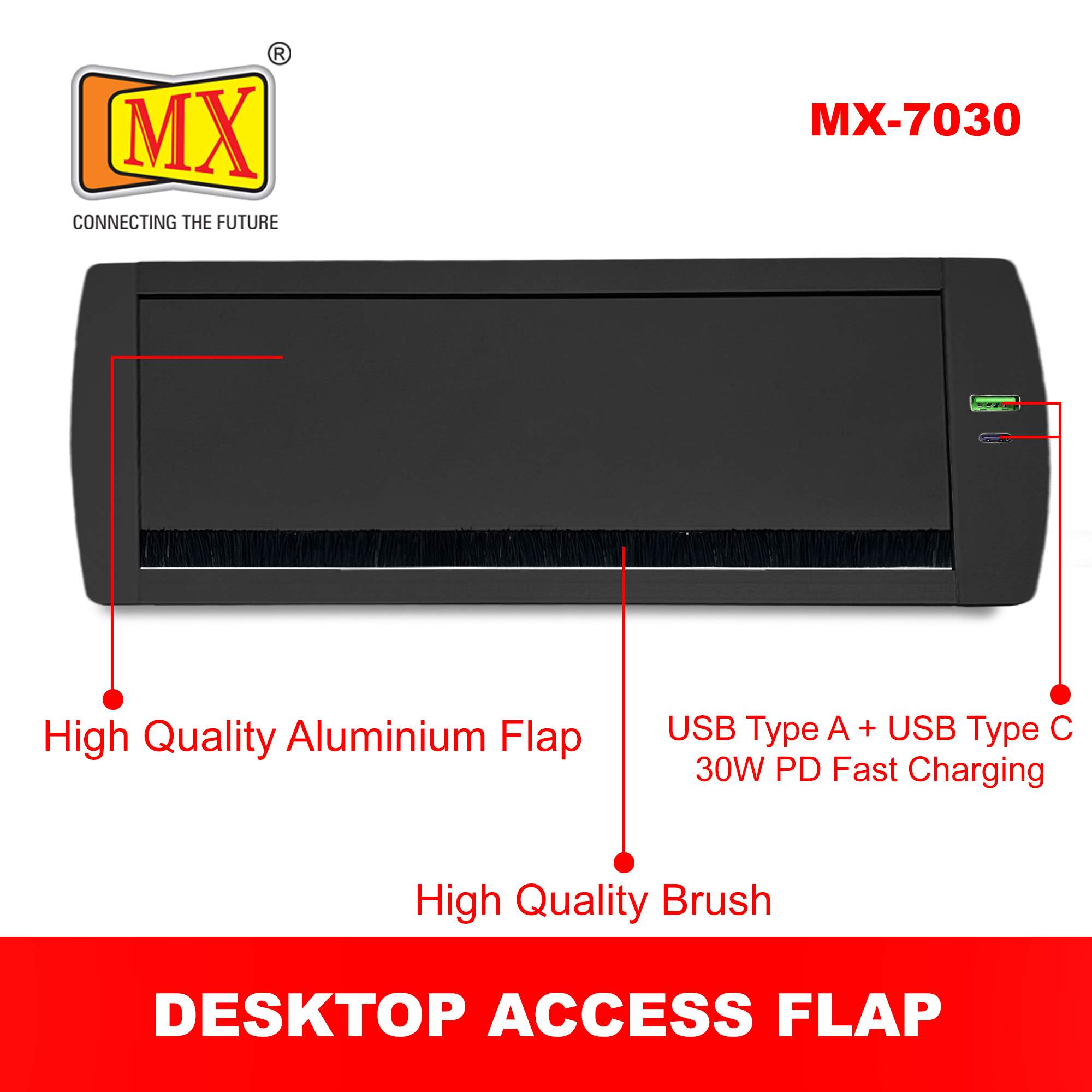 MX Aluminum Alloy Access Flap with Brush: Your Ultimate Desk Organizer for Effortless Cable Management and Workspace Tidiness, Featuring Additional 1 USB-A + C Ports (CUTOUT- 466X132 MM) ( MX 7030 BK ) Black - Image 7
