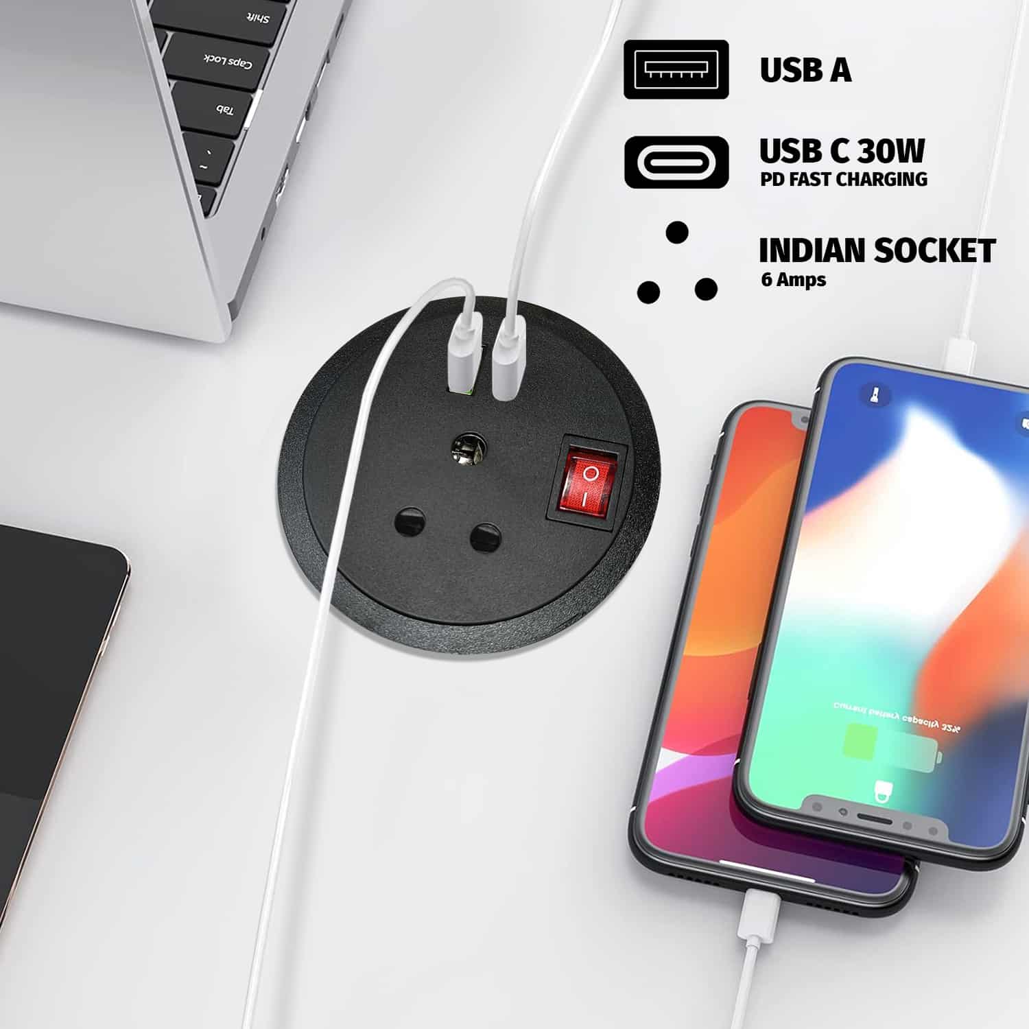 MX Desktop Power Grommet: 1 Indian Sockets, 1 USB-A + USB-C 30W PD Charging - Image 5