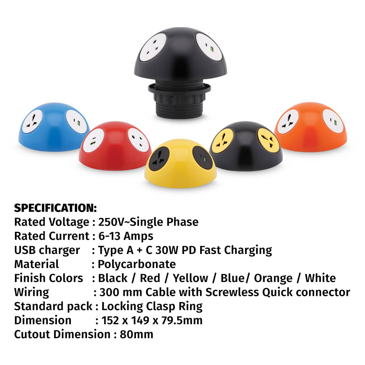 MX Pluto Grommet Power Hub: 2 Universal Sockets, 1 USB-A + USB-C 30W PD Charging (WITH LOCKING CLASP RING) - Image 3