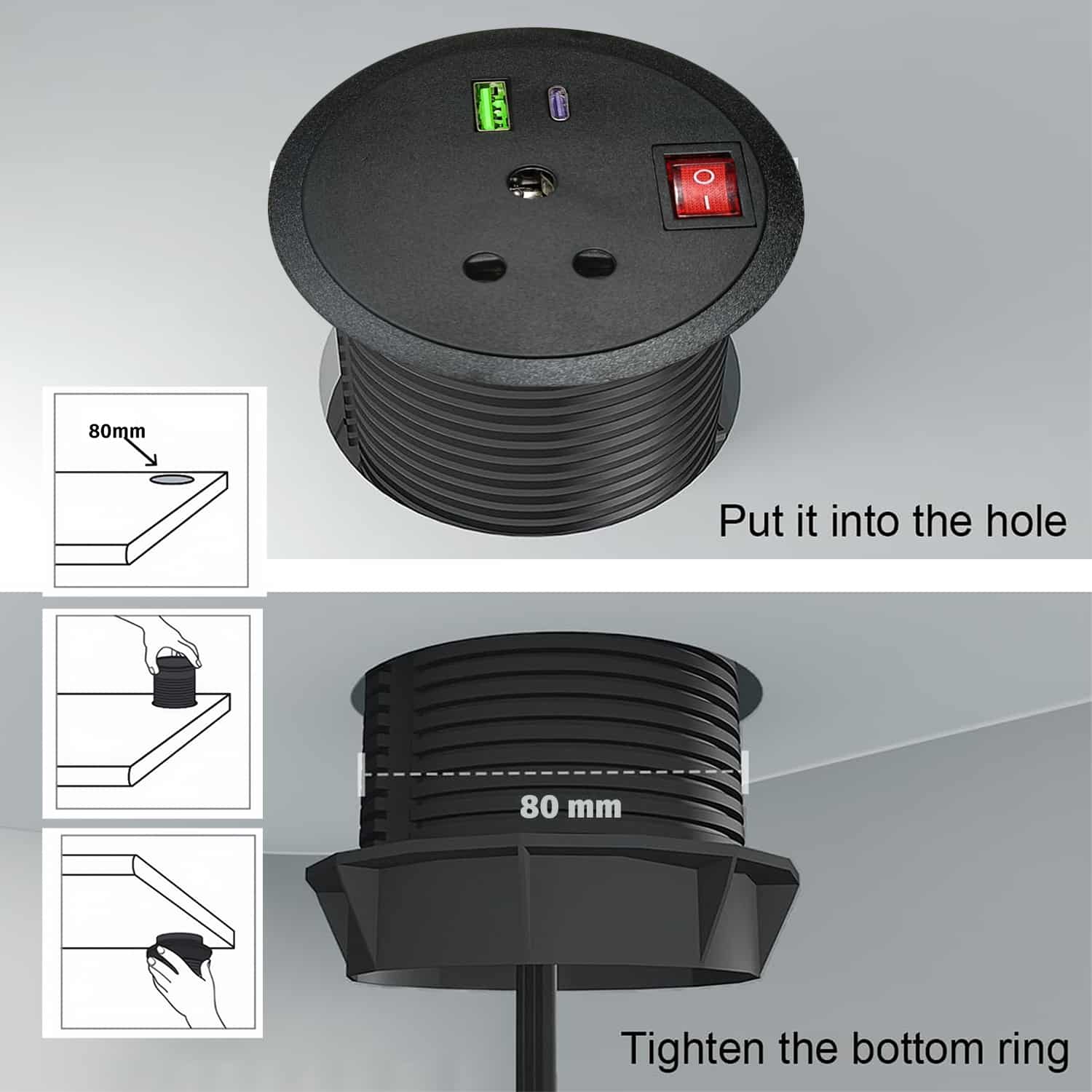 MX Desktop Power Grommet: 1 Indian Sockets, 1 USB-A + USB-C 30W PD Charging - Image 3
