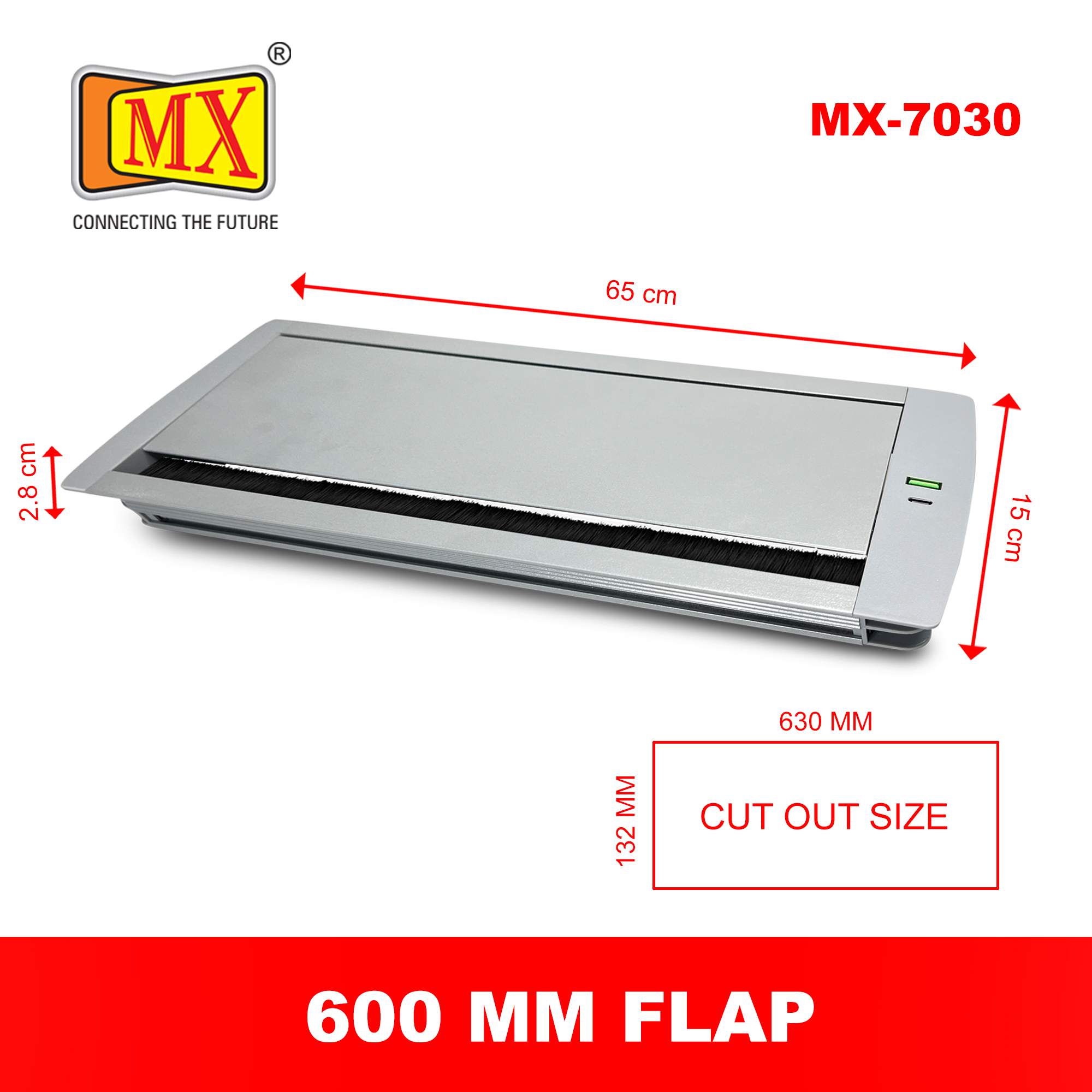 MX Aluminum Alloy Access Flap with Brush: Your Ultimate Desk Organizer for Effortless Cable Management and Workspace Tidiness, Featuring Additional 1 USB-A + C Ports (CUTOUT -466X132 MM) Metallic Silver - Image 5