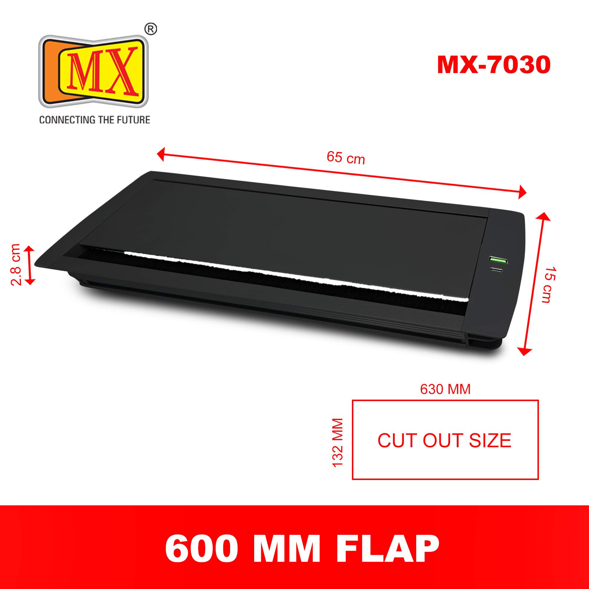 MX Aluminum Alloy Access Flap with Brush: Your Ultimate Desk Organizer for Effortless Cable Management and Workspace Tidiness, Featuring Additional 1 USB-A + C Ports (CUTOUT- 466X132 MM) ( MX 7030 BK ) Black - Image 5