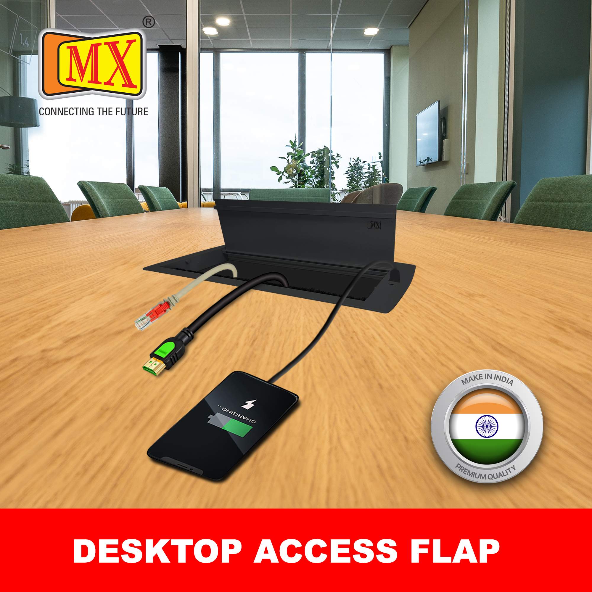 MX Aluminum Alloy Access Flap with Brush: Your Ultimate Desk Organizer for Effortless Cable Management and Workspace Tidiness, Featuring Additional 1 USB-A + C Ports (CUTOUT- 466X132 MM) ( MX 7030 BK ) Black - Image 3