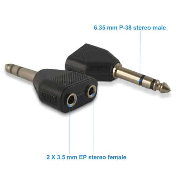 MX 6.35 mm P-38 stereo male to 2 X 3.5 mm EP stereo female connector