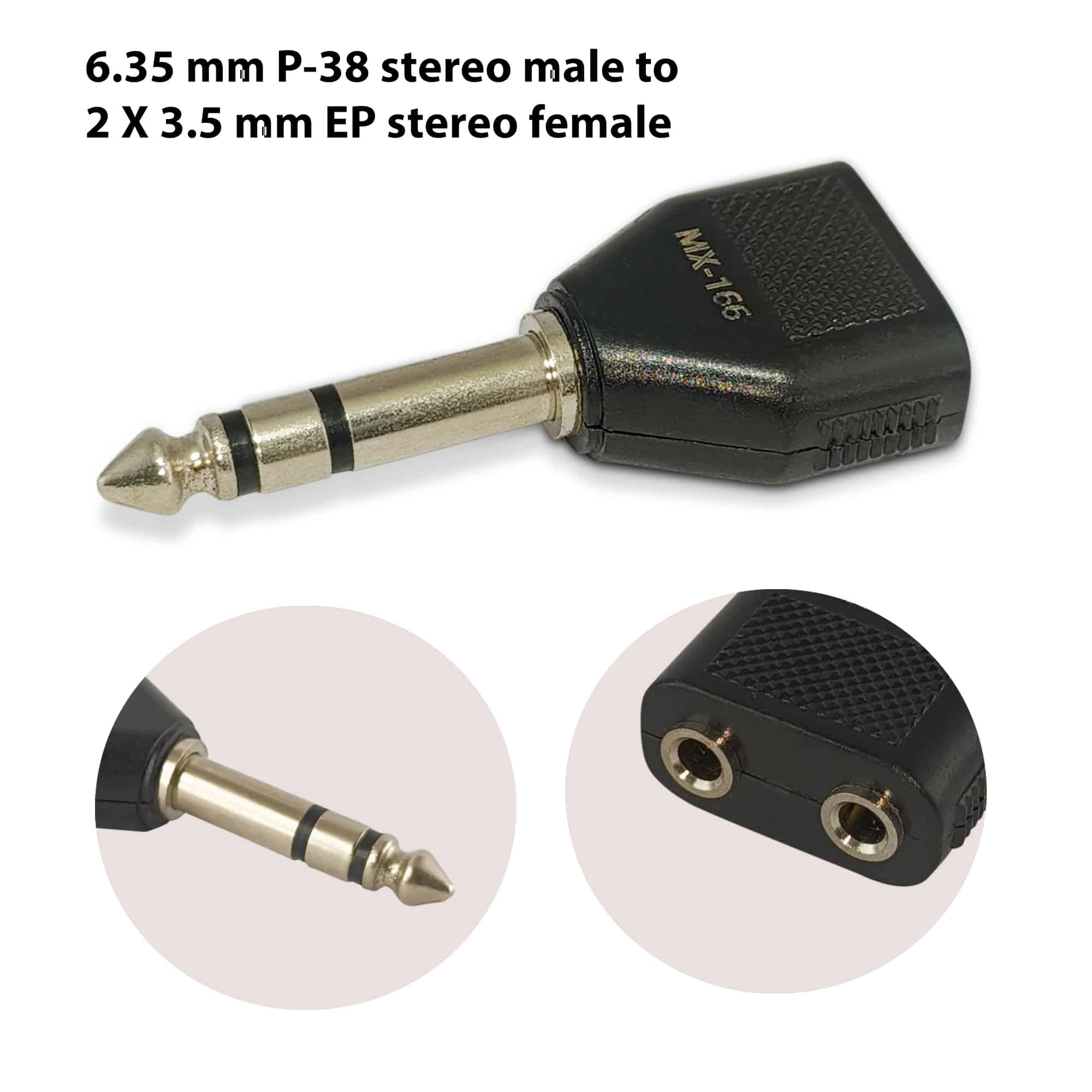 MX 6.35 mm P-38 stereo male to 2 X 3.5 mm EP stereo female connector