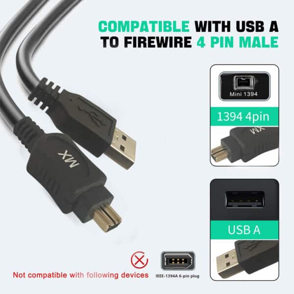 MX FireWire IEEE 1394 4 Pin Male to USB A Male Cord - 5 Meters
