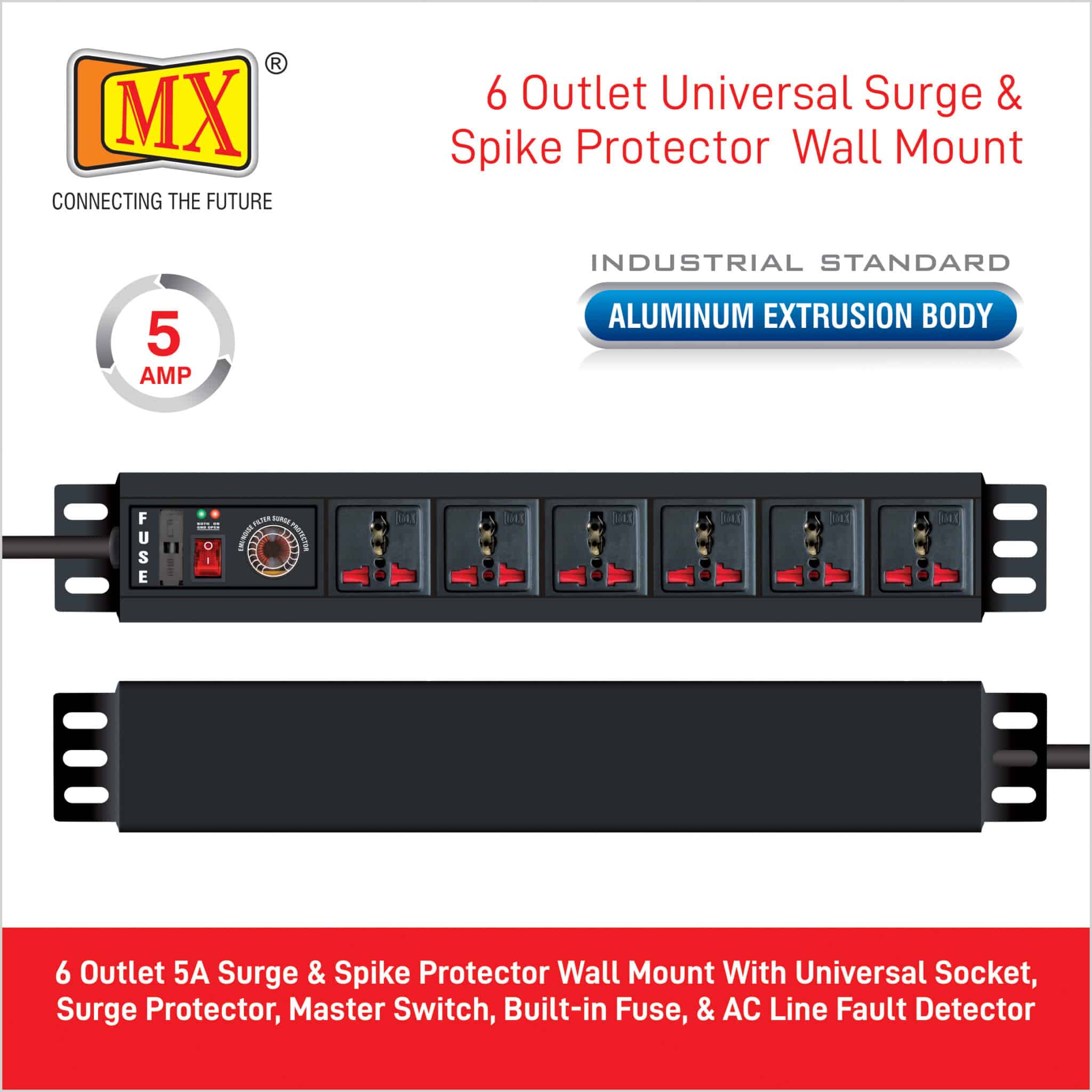 MX 6-Outlet Power Distribution Unit with 5 Amp Universal Sockets, Child Safety Shutter, Spike & Surge Protector, Industrial Standard Aluminum Extrusion Body - Wall Mount / Desk Mount, Heavy-Duty 1.5-Meter Power Cord for home appliances like electric cooktop & Stove - Image 3
