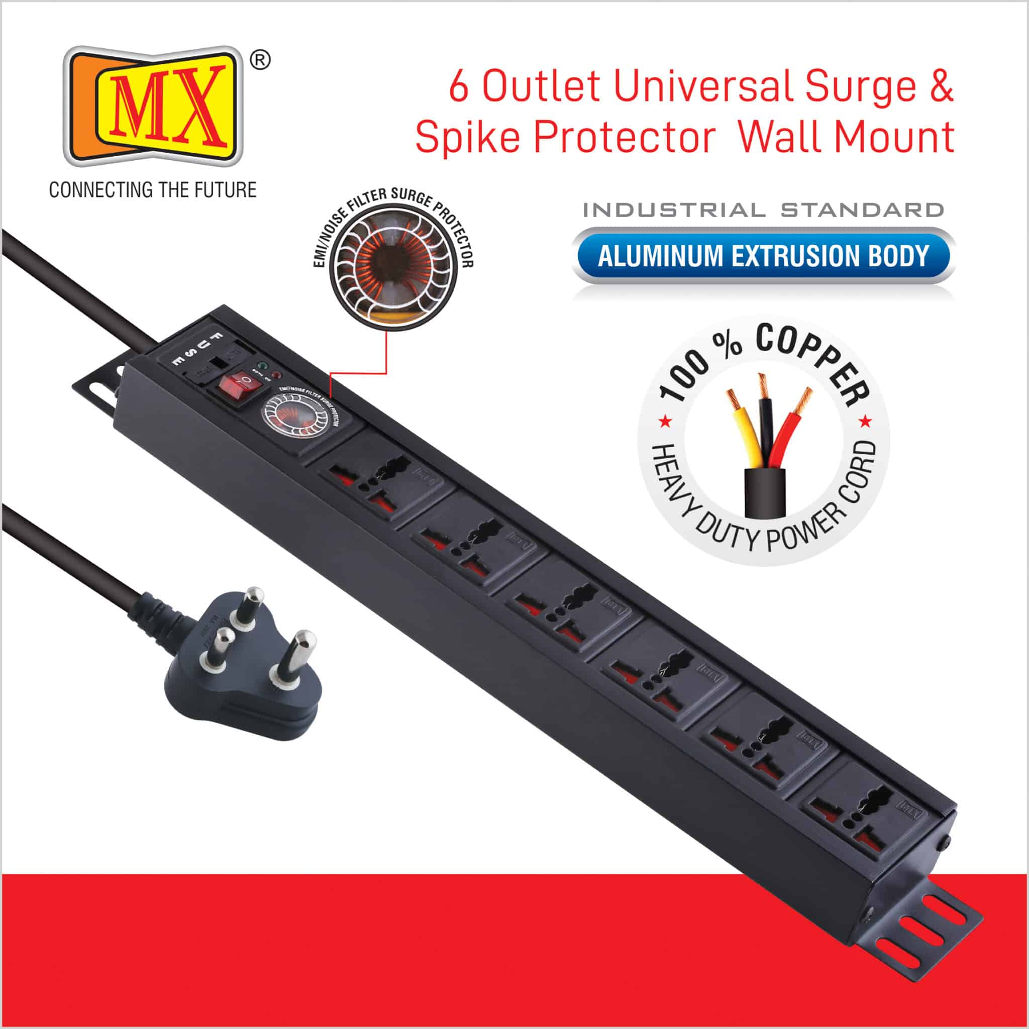 MX 6-Outlet Power Distribution Unit with 5 Amp Universal Sockets, Child Safety Shutter, Spike & Surge Protector, Industrial Standard Aluminum Extrusion Body - Wall Mount / Desk Mount, Heavy-Duty 1.5-Meter Power Cord for home appliances like electric cooktop & Stove - Image 4