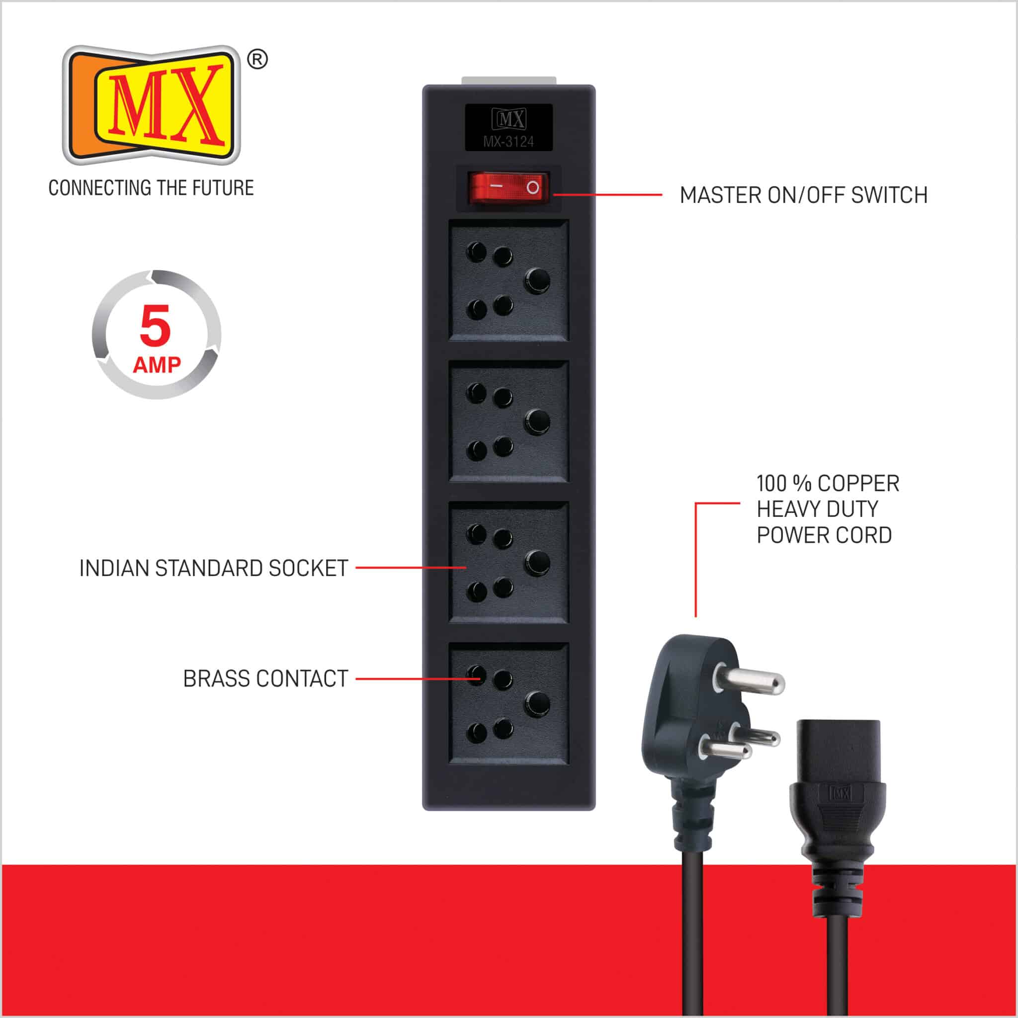 MX 4 Outlet Indian Standard Power Strip With Master Switch, Heavy Duty 1.5 mtr Power Cord for home appliances like electric cooktop & Stove - Image 2
