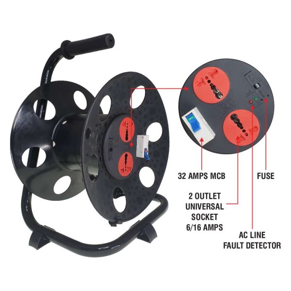 MX Empty Extension Reel with Two 6/16 Amp Universal Child Safety Sockets, 32 Amp MCB Switch, and Flame Retardant Body