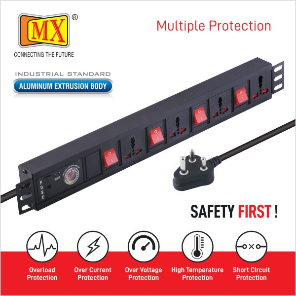 MX 4 Outlet Power Distribution Unit with Surge & Spike Protector 3 Sockets (5 AMP) + 1 Socket (15 AMP)  Universal Sockets MX 8 Outlet Power Distribution Unit with 5 Amperes Universal Sockets, Child Safety Shutter, Spike & Surge Protector, Industrial Standard Aluminium Extrusion Body - Wall Mount, Desk Mount and 19 inches Rack Mountable with 1.5 Meters Power Cord - Image 3