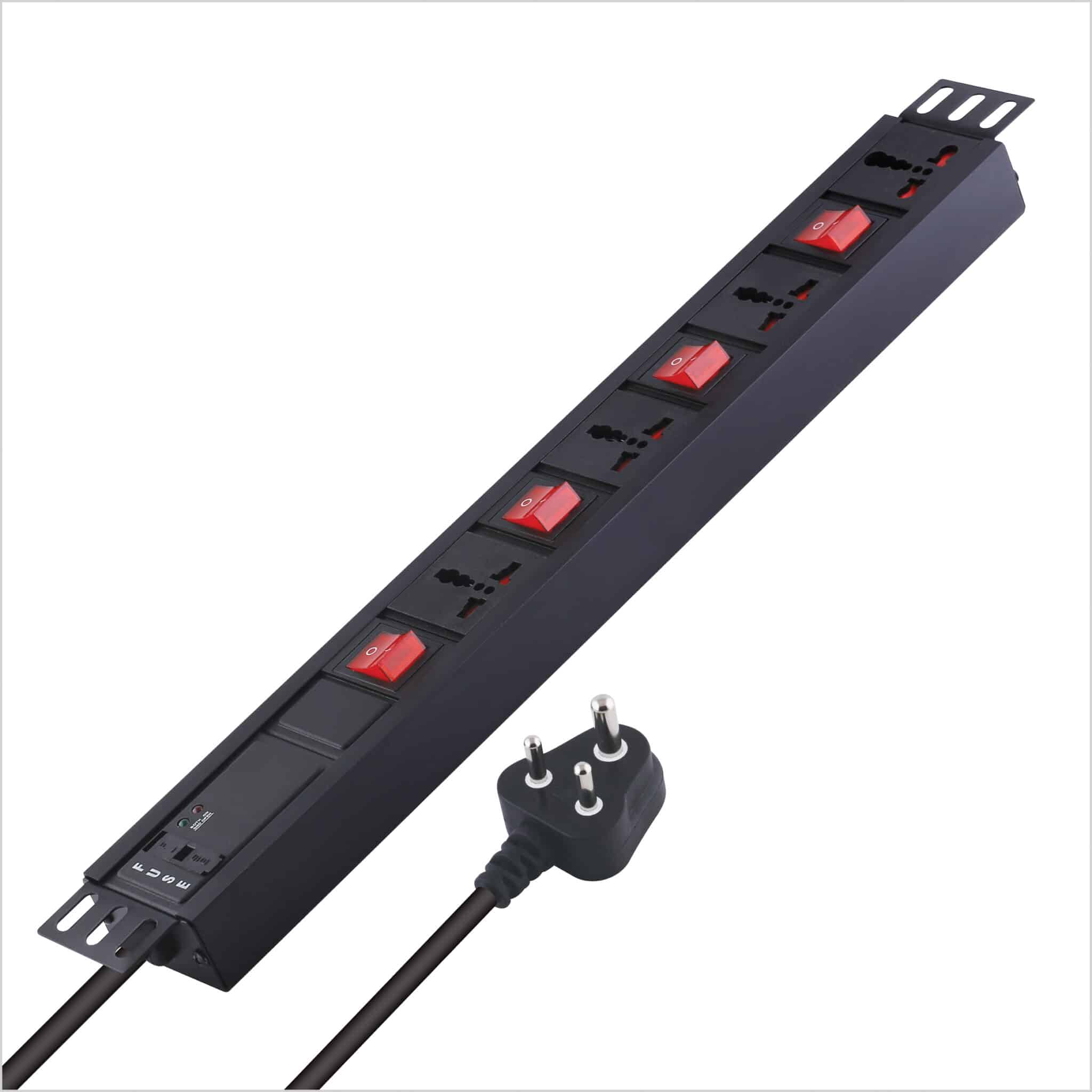 MX 4 Outlet Power Distribution Unit with Universal Socket 3 Sockets (5 Amp) and 1 Socket (15 Amp) with Individual Switch, Child Safety Shutter, Spike & Surge Protector, Industrial Standard Aluminium Extrusion Body, Wall Mount, Desk Mount and 19 inches Rack Mountable with 1.5 Meters Power Cord