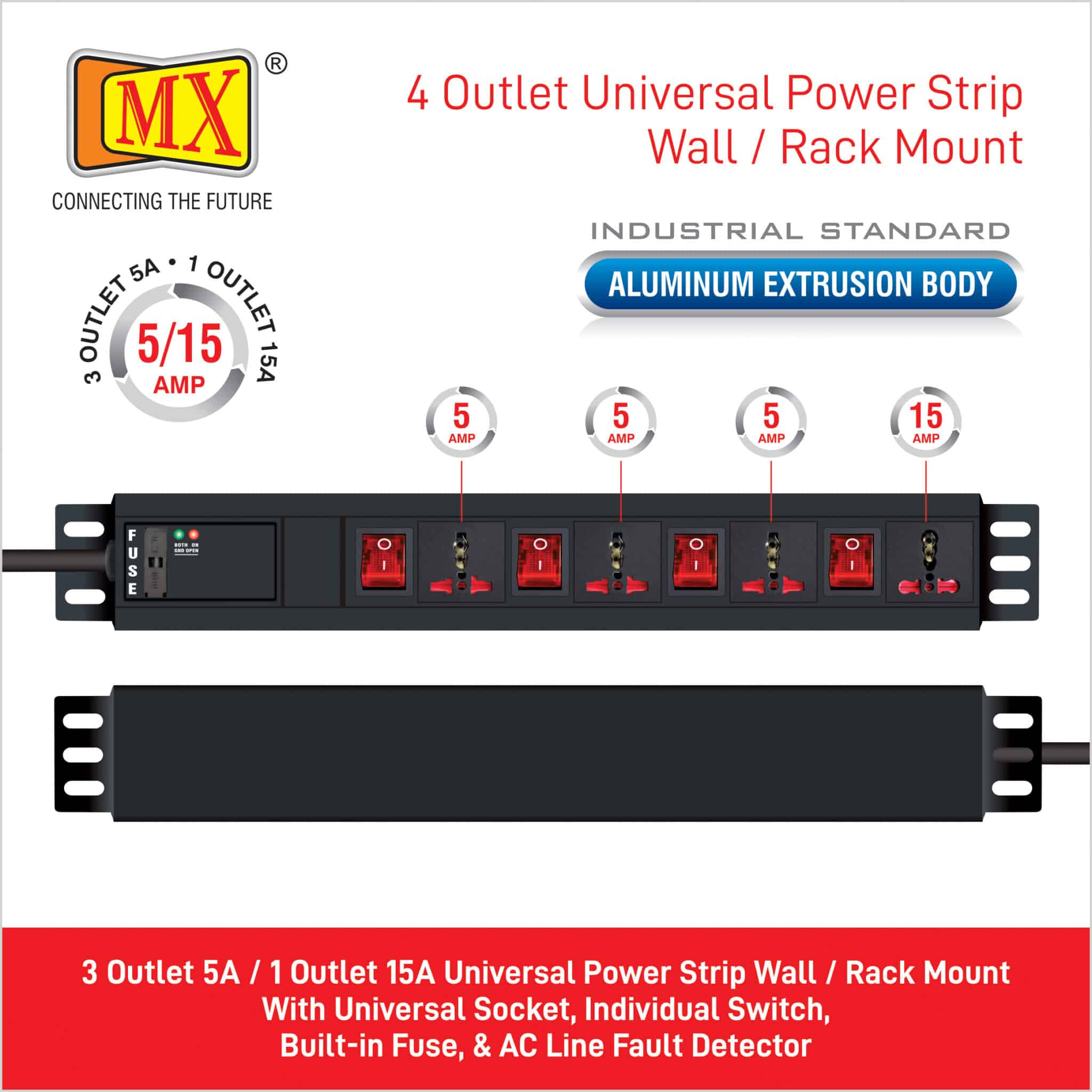 MX 4 Outlet Power Distribution Unit with Universal Socket 3 Sockets (5 Amp) and 1 Socket (15 Amp) with Individual Switch, Child Safety Shutter, Spike & Surge Protector, Industrial Standard Aluminium Extrusion Body, Wall Mount, Desk Mount and 19 inches Rack Mountable with 1.5 Meters Power Cord for home appliances like electric cooktop & Stove - Image 3