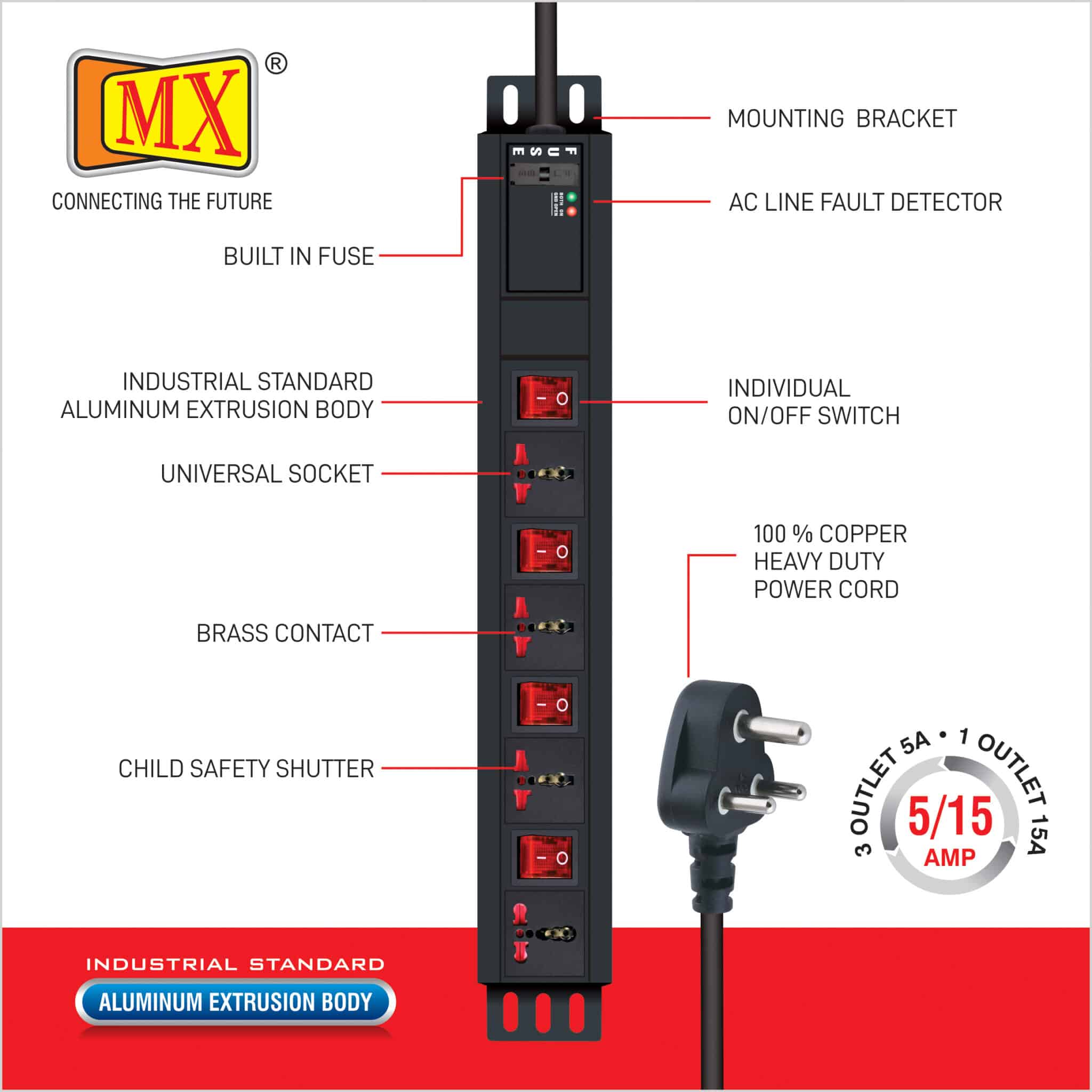 MX 4 Outlet Power Distribution Unit with Universal Socket 3 Sockets (5 Amp) and 1 Socket (15 Amp) with Individual Switch, Child Safety Shutter, Spike & Surge Protector, Industrial Standard Aluminium Extrusion Body, Wall Mount, Desk Mount and 19 inches Rack Mountable with 1.5 Meters Power Cord for home appliances like electric cooktop & Stove - Image 2