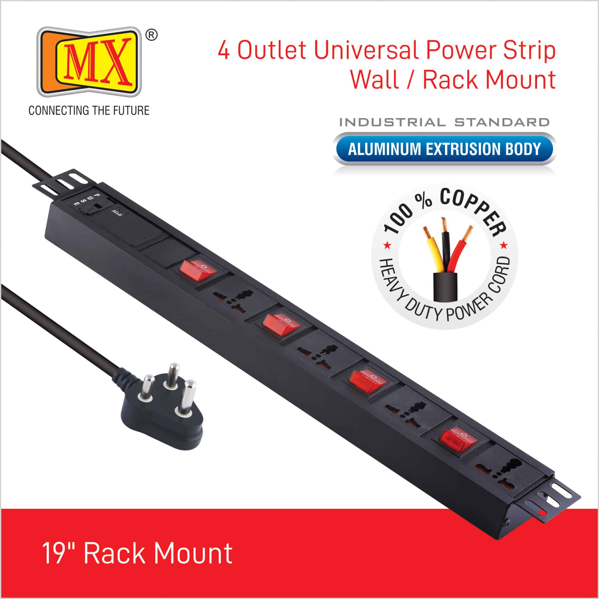 MX 4 Outlet Power Distribution Unit with Universal Socket 3 Sockets (5 Amp) and 1 Socket (15 Amp) with Individual Switch, Child Safety Shutter, Spike & Surge Protector, Industrial Standard Aluminium Extrusion Body, Wall Mount, Desk Mount and 19 inches Rack Mountable with 1.5 Meters Power Cord for home appliances like electric cooktop & Stove - Image 4