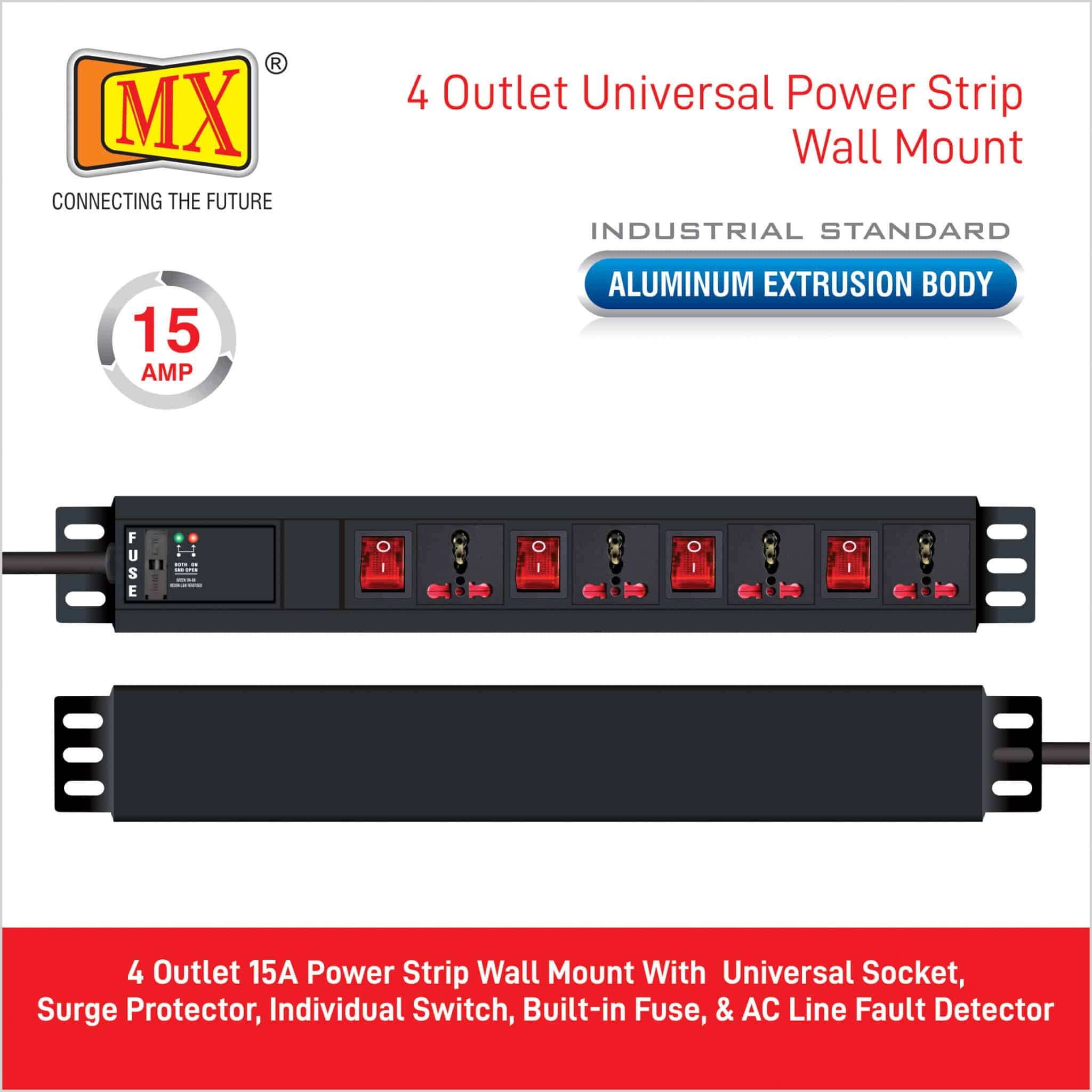 MX 4 Outlet Power Distribution Unit with 15 Amp Universal Socket with Individual Switch, Child Safety Shutter, Industrial Standard Aluminium Extrusion Body Wall Mount, Desk Mount and 19 inches Rack Mountable with 1.5 Meters Power Cord for home appliances like electric cooktop & Stove - Image 3