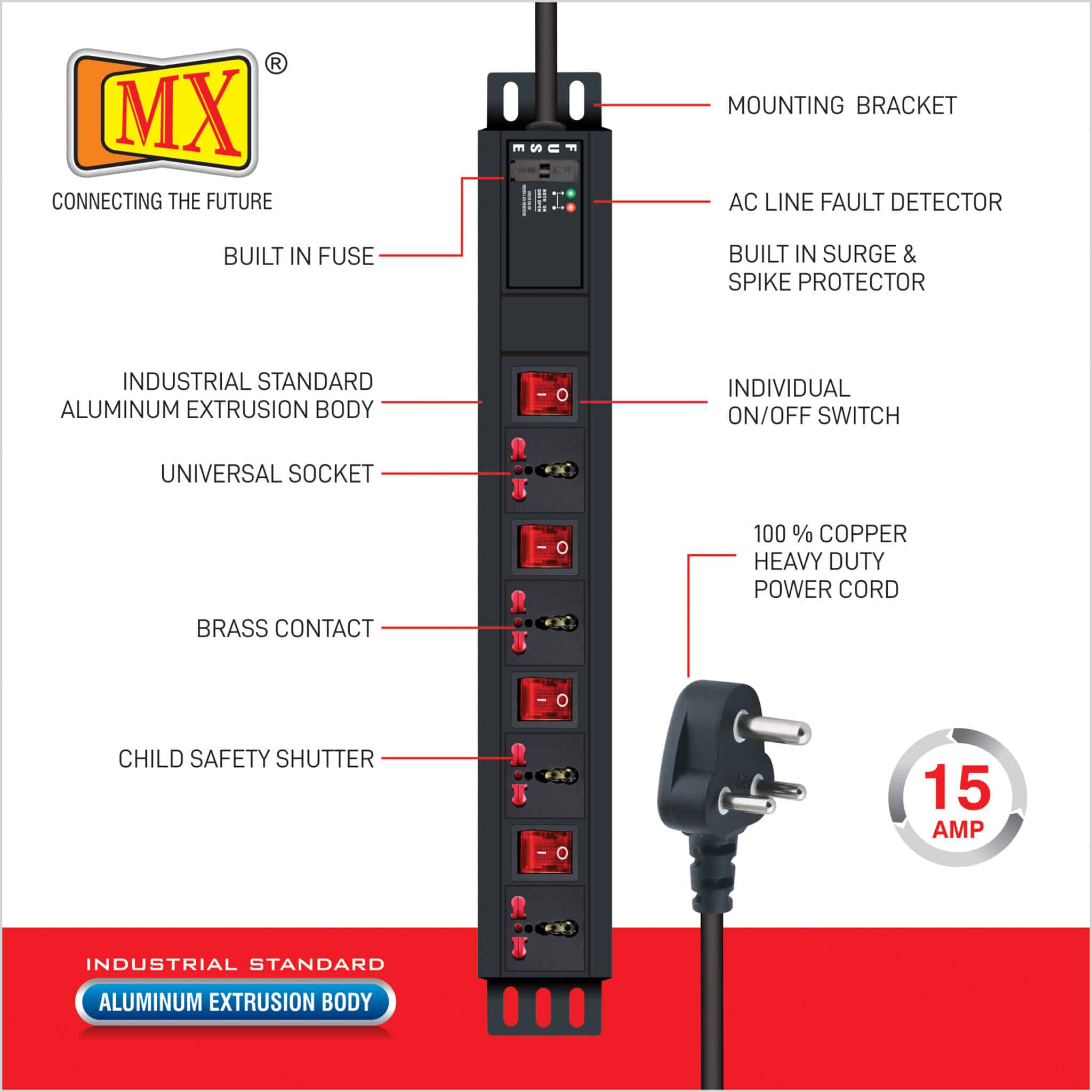 MX 4 Outlet Power Distribution Unit with 15 Amp Universal Socket with Individual Switch, Child Safety Shutter, Industrial Standard Aluminium Extrusion Body Wall Mount, Desk Mount and 19 inches Rack Mountable with 1.5 Meters Power Cord for home appliances like electric cooktop & Stove - Image 2