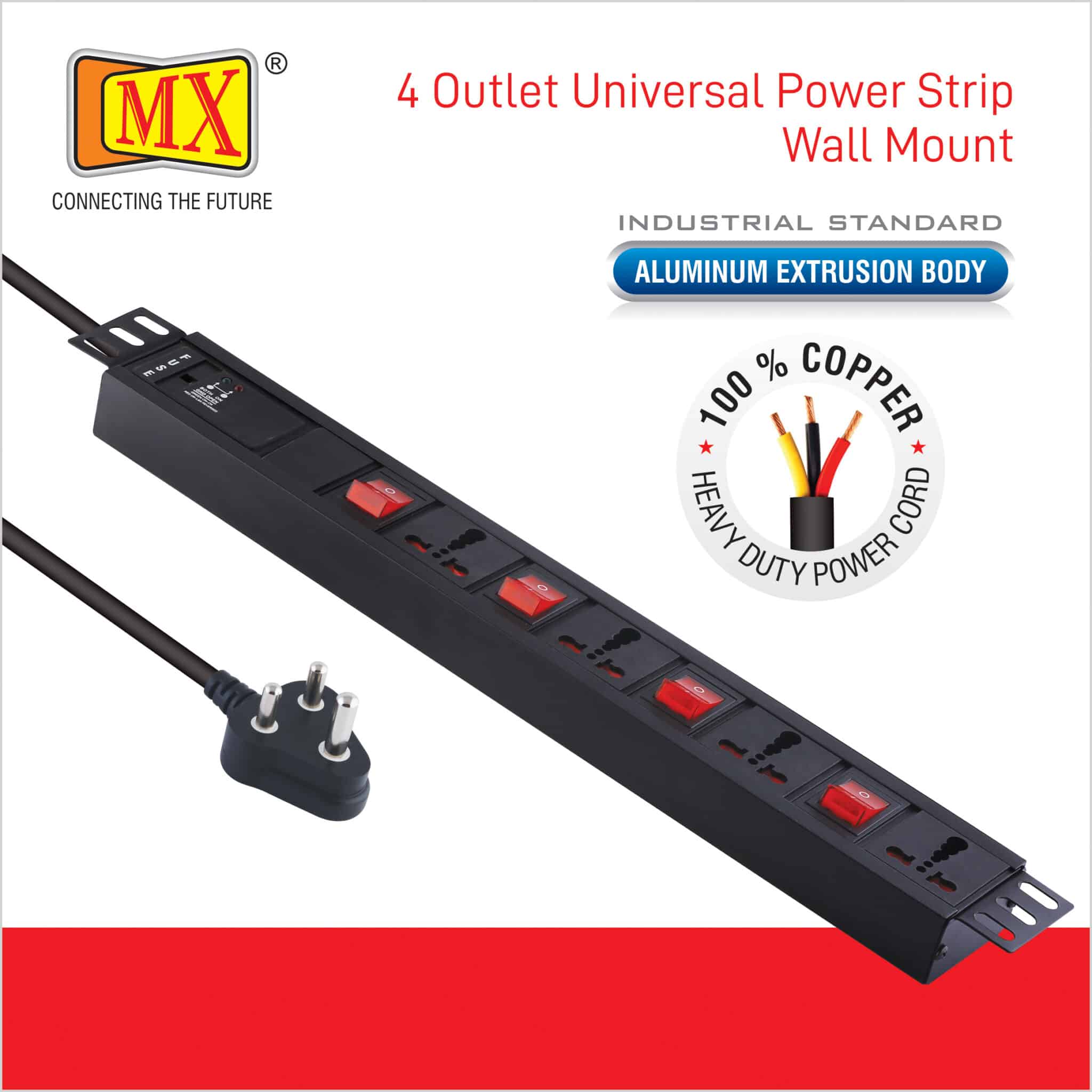 MX 4 Outlet Power Distribution Unit with 15 Amp Universal Socket with Individual Switch, Child Safety Shutter, Industrial Standard Aluminium Extrusion Body Wall Mount, Desk Mount and 19 inches Rack Mountable with 1.5 Meters Power Cord for home appliances like electric cooktop & Stove - Image 4