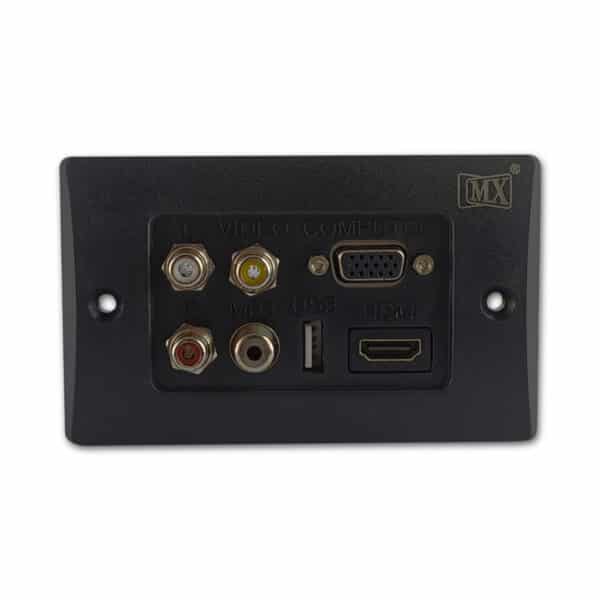 MX 3 RCA FEMALE + HDDB 15 PIN VGA + USB A FEMALE + EP ST. FEMALE + HDMI FEMALE CONNECTOR FACE PLATE ( 114 X 70 mm )