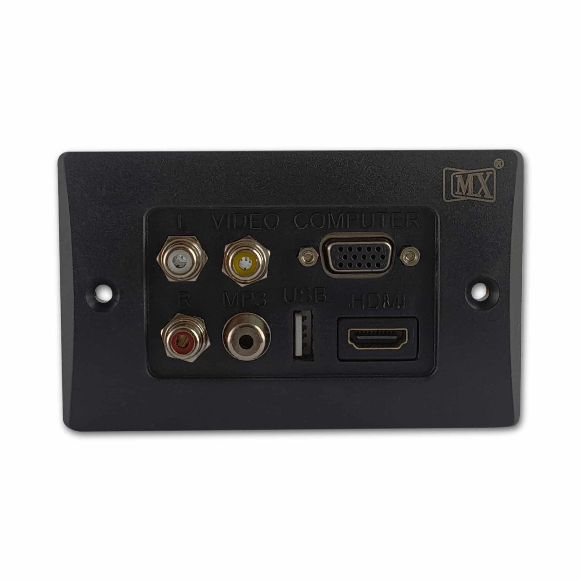 MX 3 RCA FEMALE + HDDB 15 PIN VGA + USB A FEMALE + EP ST. FEMALE + HDMI FEMALE CONNECTOR FACE PLATE ( 114 X 70 mm )