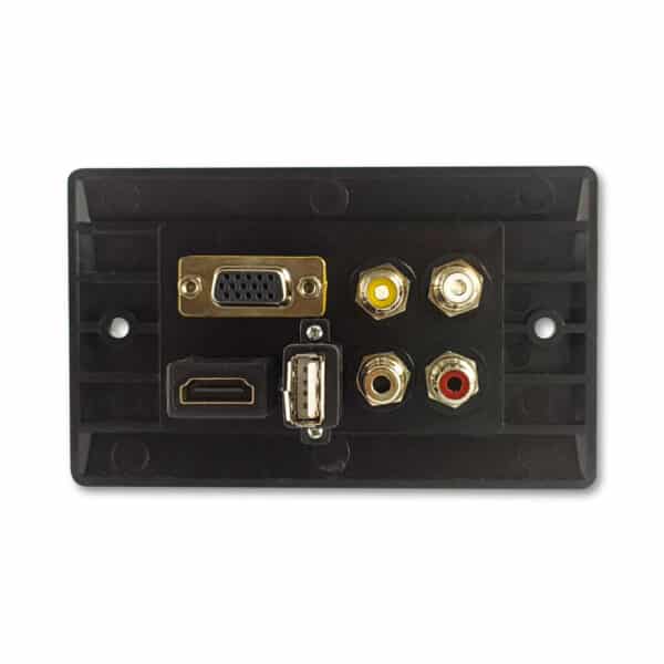 MX 3 RCA FEMALE + HDDB 15 PIN VGA + USB A FEMALE + EP ST. FEMALE + HDMI FEMALE CONNECTOR FACE PLATE ( 114 X 70 mm )