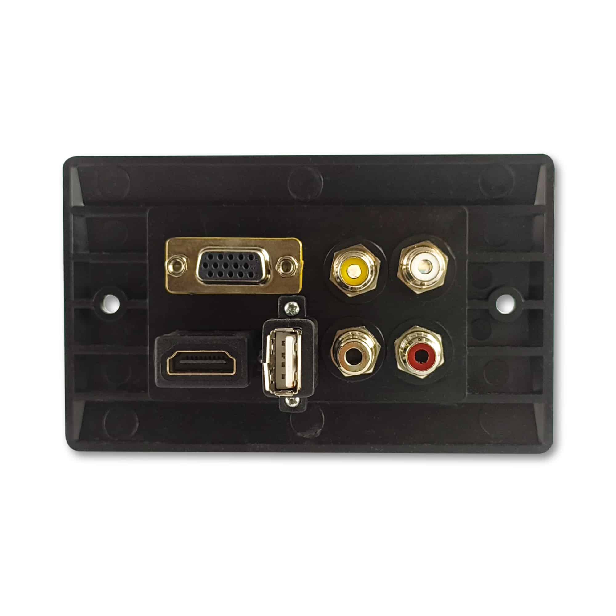 MX 3 RCA FEMALE + HDDB 15 PIN VGA + USB A FEMALE + EP ST. FEMALE + HDMI FEMALE CONNECTOR FACE PLATE ( 114 X 70 mm )