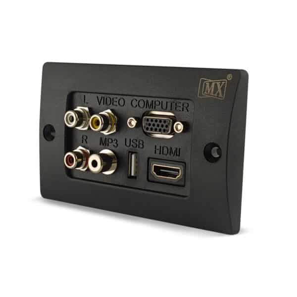 MX 3 RCA FEMALE + HDDB 15 PIN VGA + USB A FEMALE + EP ST. FEMALE + HDMI FEMALE CONNECTOR FACE PLATE ( 114 X 70 mm )