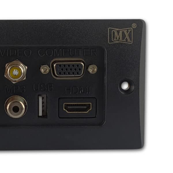 MX 3 RCA FEMALE + HDDB 15 PIN VGA + USB A FEMALE + EP ST. FEMALE + HDMI FEMALE CONNECTOR FACE PLATE ( 114 X 70 mm )