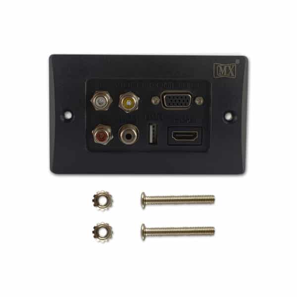 MX 3 RCA FEMALE + HDDB 15 PIN VGA + USB A FEMALE + EP ST. FEMALE + HDMI FEMALE CONNECTOR FACE PLATE ( 114 X 70 mm )