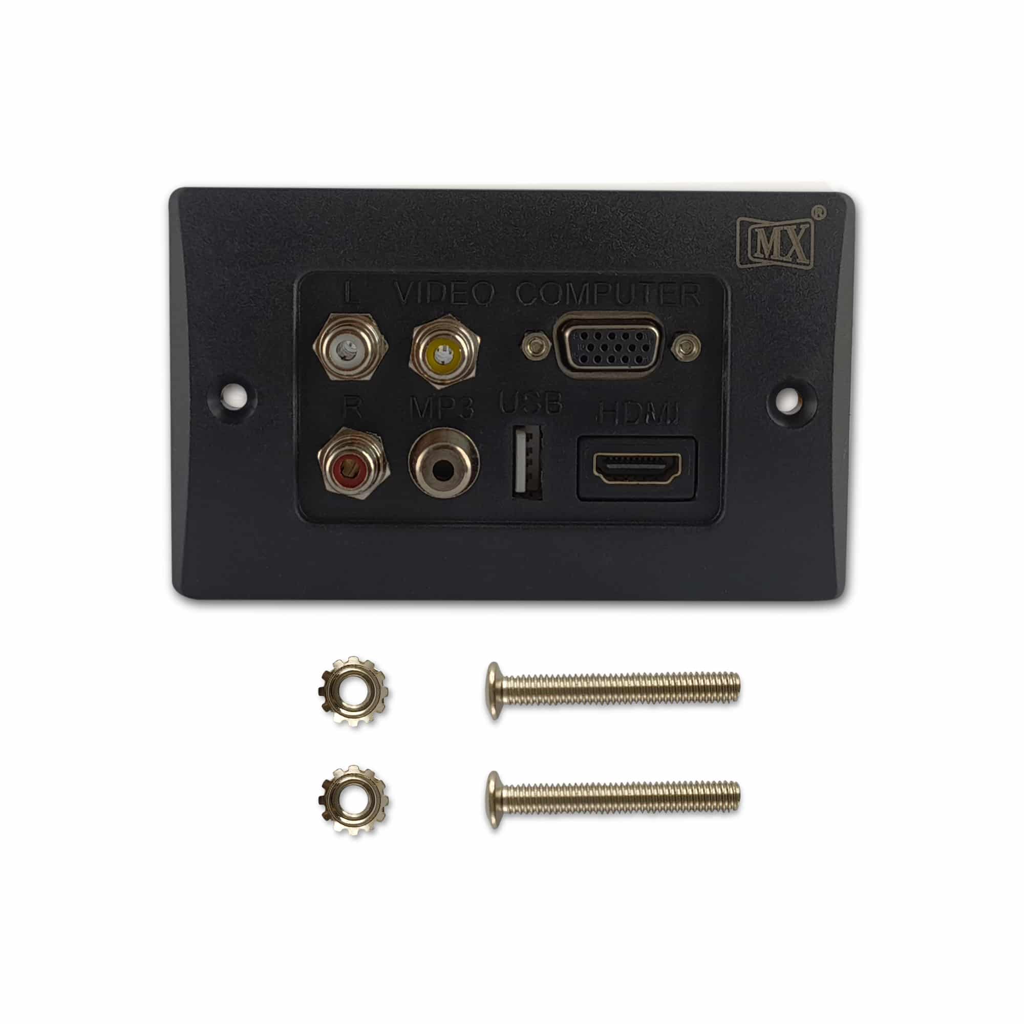 MX 3 RCA FEMALE + HDDB 15 PIN VGA + USB A FEMALE + EP ST. FEMALE + HDMI FEMALE CONNECTOR FACE PLATE ( 114 X 70 mm )
