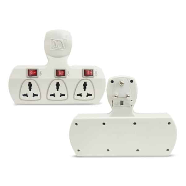 MX 3-Outlet Multi-Plug Power Strip with Universal Sockets, 5 Ampere, Individual Switches, Fuse, and Short Circuit Protection, Cordless Extension Board