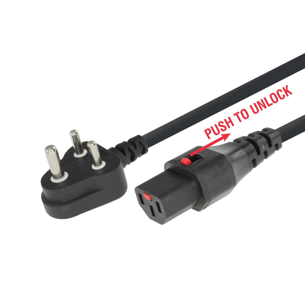 MX IEC Autolock C-13: 3 Pin: AC Female to 3 Pin Indian - South Africa Plug Cord 10 Amp - 3 x 0.75 Sq. mm - 1.5 Mtr