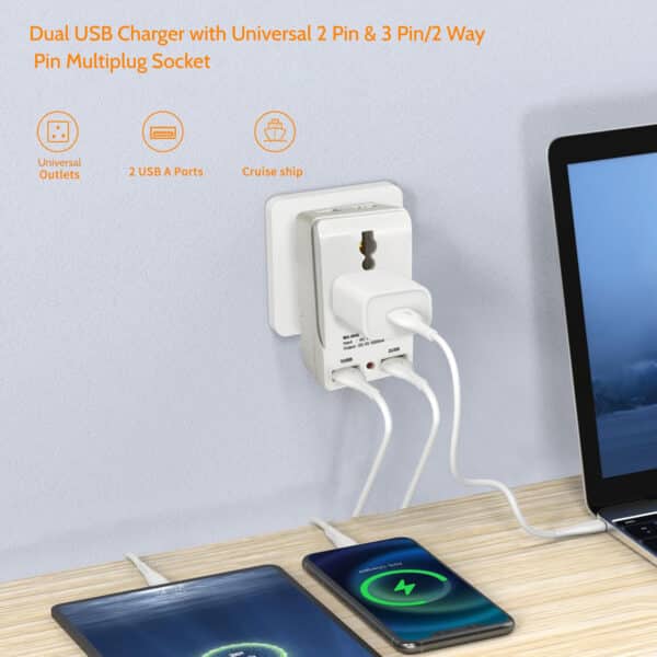 MX- Dual USB Charger with Universal 2 Pin & 3 Pin/2 Way Pin Multiplug Socket / Power Adapter 10A|Safety Shutter with Two USB Ports
