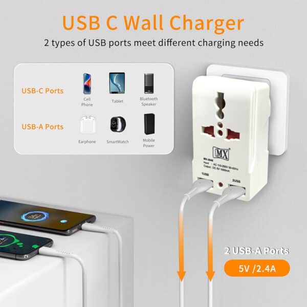 MX- Dual USB Charger with Universal 2 Pin & 3 Pin/2 Way Pin Multiplug Socket / Power Adapter 10A|Safety Shutter with Two USB Ports