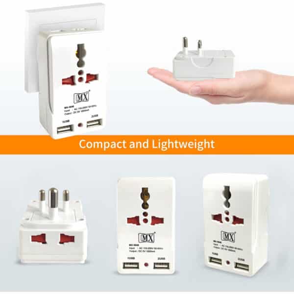 MX- Dual USB Charger with Universal 2 Pin & 3 Pin/2 Way Pin Multiplug Socket / Power Adapter 10A|Safety Shutter with Two USB Ports