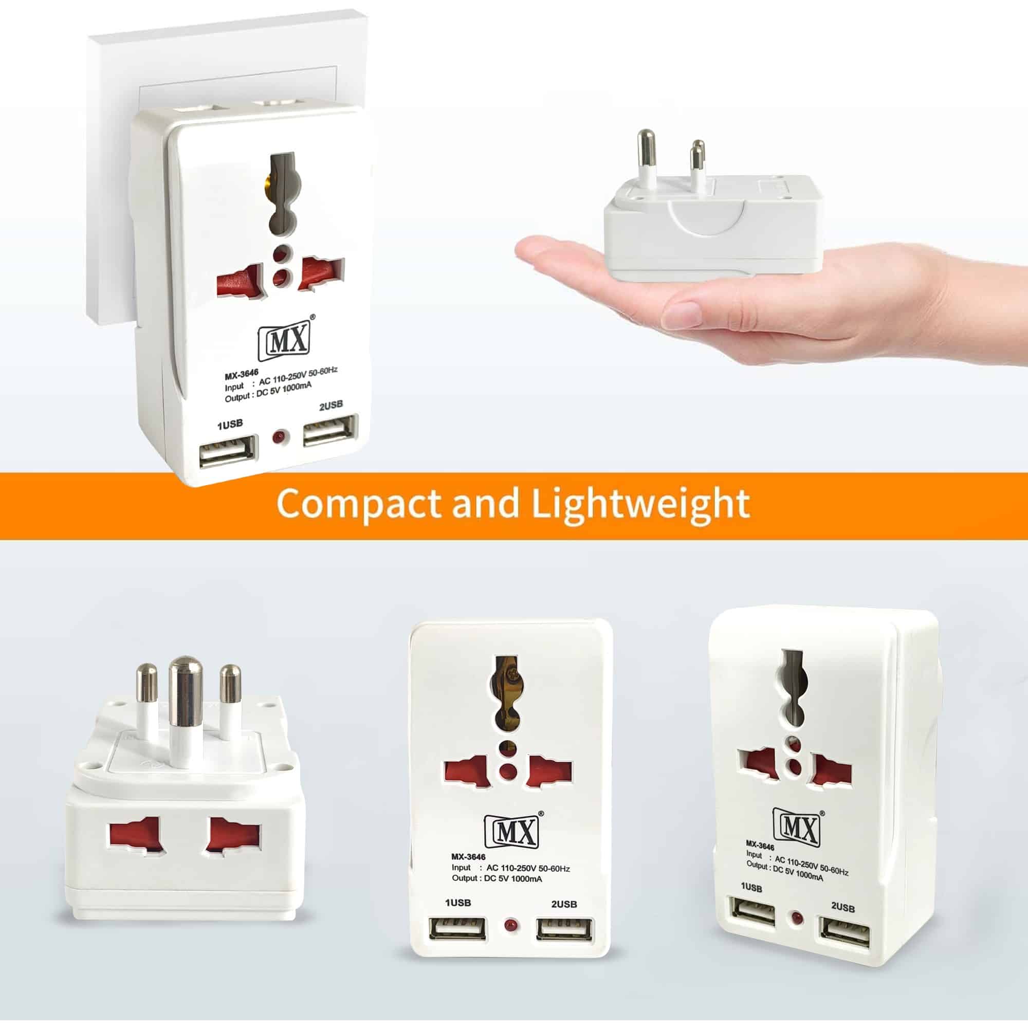 MX- Dual USB Charger with Universal 2 Pin & 3 Pin/2 Way Pin Multiplug Socket / Power Adapter 10A|Safety Shutter with Two USB Ports