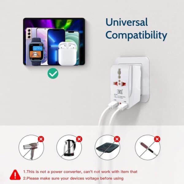 MX- Dual USB Charger with Universal 2 Pin & 3 Pin/2 Way Pin Multiplug Socket / Power Adapter 10A|Safety Shutter with Two USB Ports