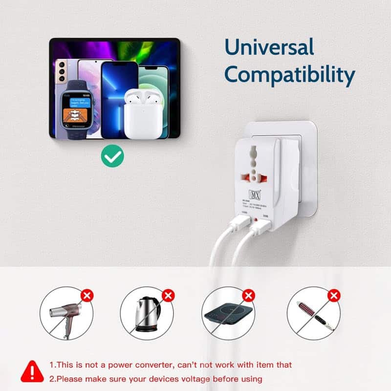 MX- Dual USB Charger with Universal 2 Pin & 3 Pin/2 Way Pin Multiplug Socket / Power Adapter 10A|Safety Shutter with Two USB Ports