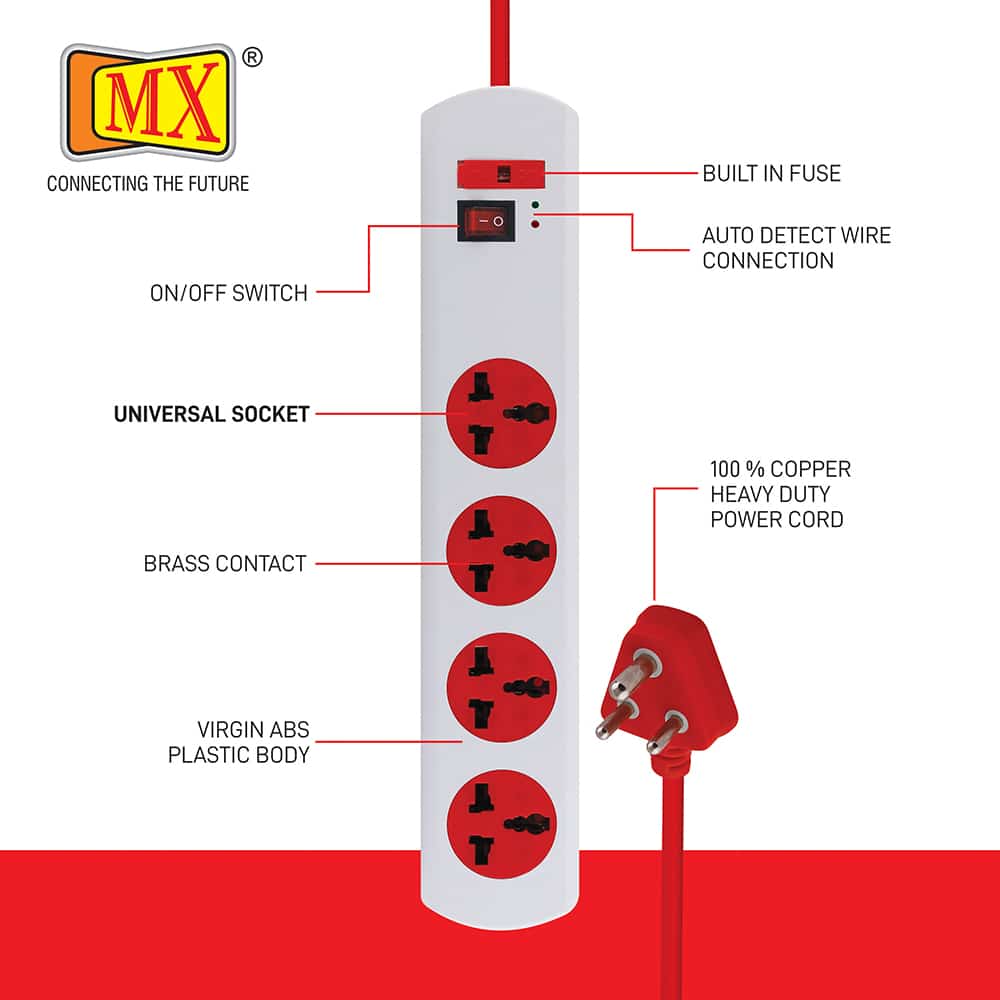 MX Power Strip with 4 Universal Socket, Master Switch, Indicator, Auto detect Wire Connection, 1.5 mtr Cord Length - Image 2