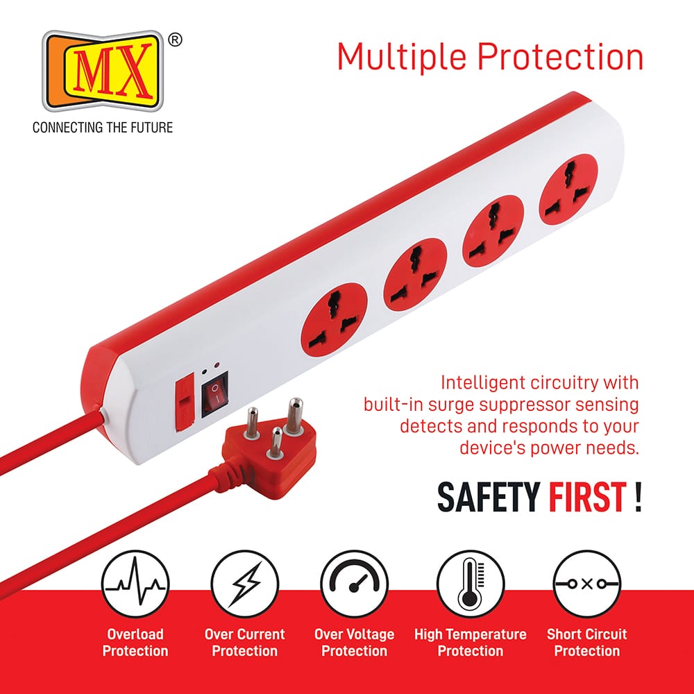 MX Power Strip with 4 Universal Socket, Master Switch, Indicator, Auto detect Wire Connection, 1.5 mtr Cord Length - Image 5