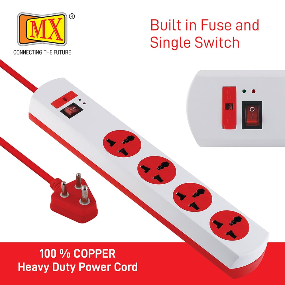 MX Power Strip with 4 Universal Socket, Master Switch, Indicator, Auto detect Wire Connection, 1.5 mtr Cord Length - Image 3