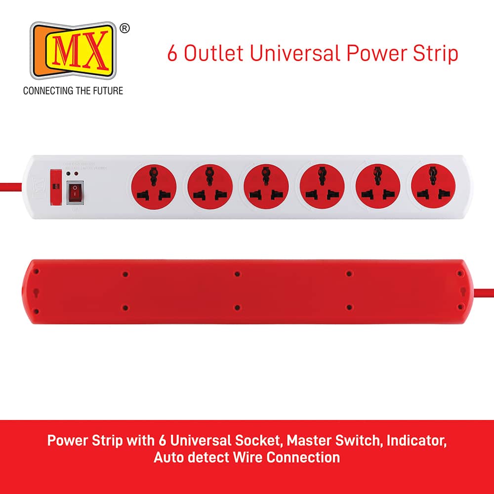 MX Power Strip with 6 Universal Socket, Master Switch, Power Indicator, 1.5 mtr Cord Length for home appliances like electric cooktop & Stove - Image 3